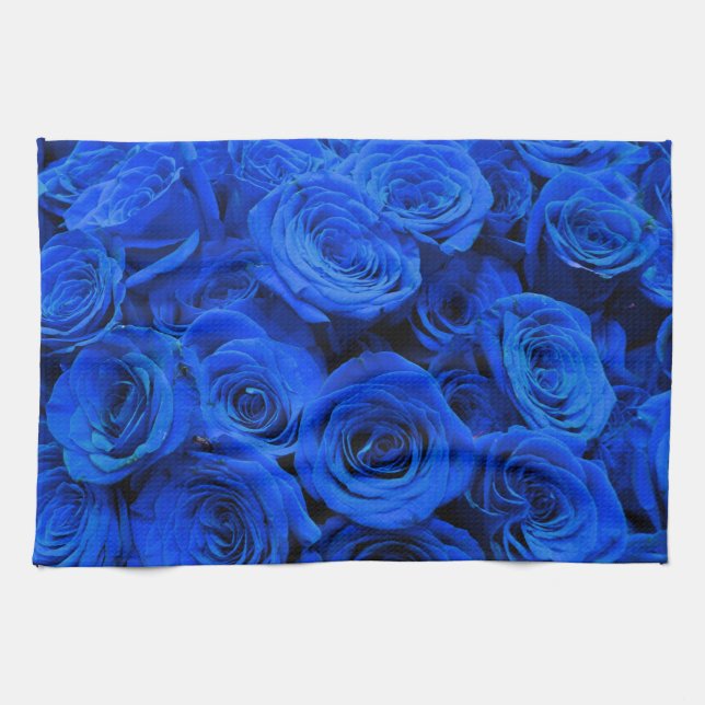 Elegant blue roses blue flowers blue floral tea towel (Horizontal)