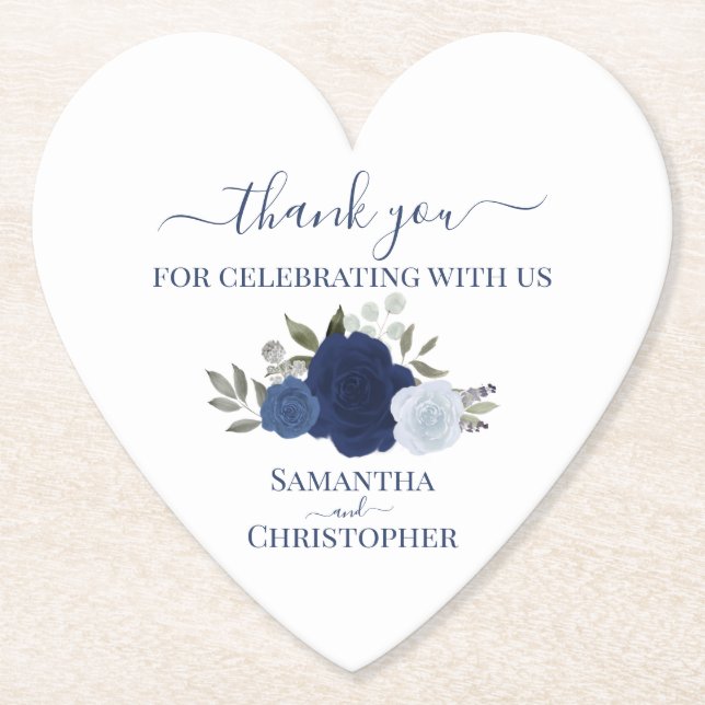 Elegant Blue Roses Boho Chic Wedding Thank You Paper Coaster (Front)