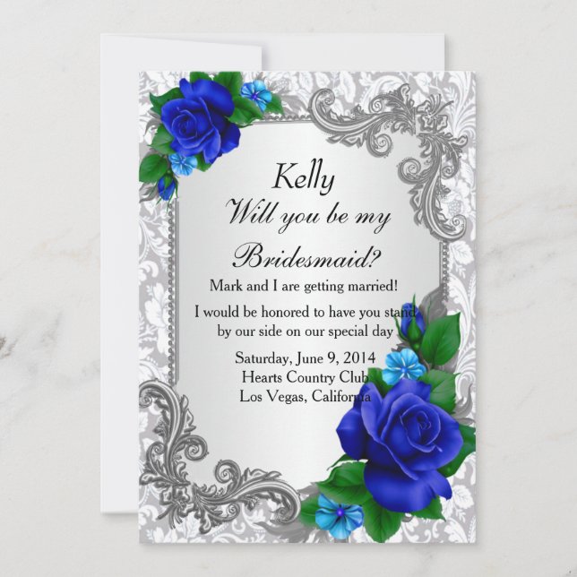 Elegant Blue Roses Bridesmaid Card (Front)