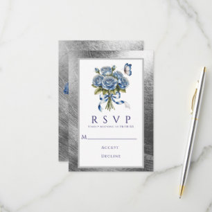Elegant Blue Roses Butterfly Silver Wedding RSVP Card