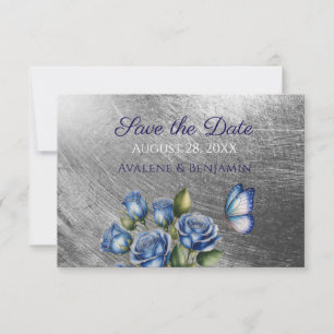 Elegant Blue Roses Butterfly Silver Wedding Save The Date