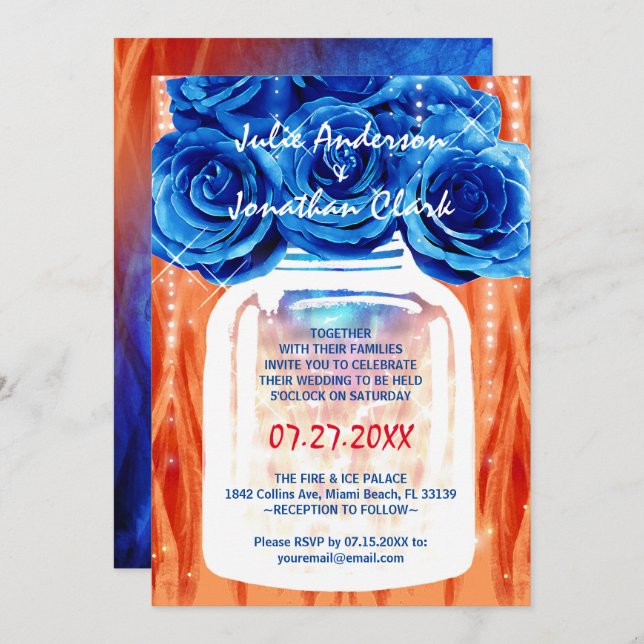 Elegant Blue Roses Fire and Ice Watercolor Wedding Invitation (Front/Back)