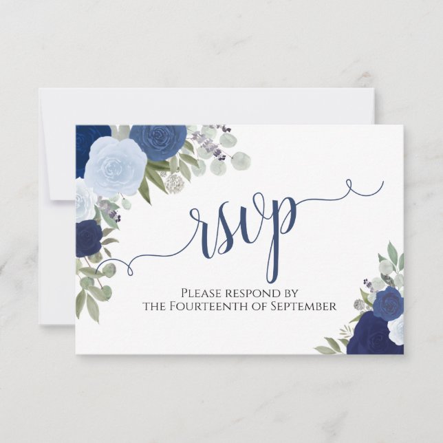 Elegant Blue Roses Floral Calligraphy Wedding RSVP (Front)