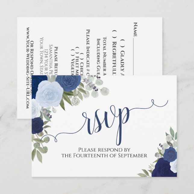 Elegant Blue Roses Floral Calligraphy Wedding RSVP Card (Front/Back)