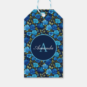 Elegant Blue Roses Floral Pattern Monogramed Photo Gift Tags