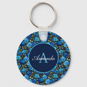 Elegant Blue Roses Floral Pattern Monogramed Photo Key Ring