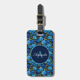 Elegant Blue Roses Floral Pattern Monogramed Photo Luggage Tag