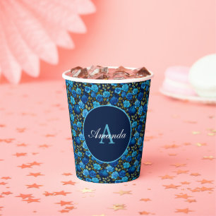 Elegant Blue Roses Floral Pattern Monogramed Photo Paper Cups