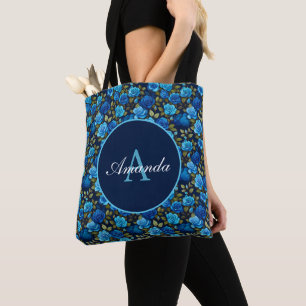 Elegant Blue Roses Floral Pattern Monogramed Photo Tote Bag