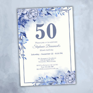 Elegant Blue Roses Floral Women's 50th Birthday  Invitation
