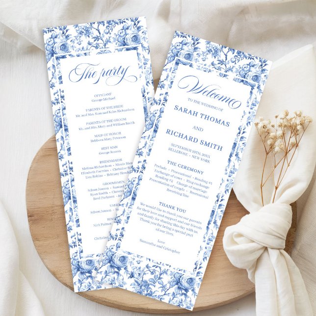 Elegant Blue Roses French Toile Wedding Program Programme (Elegant Blue Roses French Toile Wedding Program)
