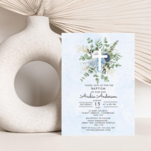 Elegant Blue Roses Greenery Baptism Christening  Invitation