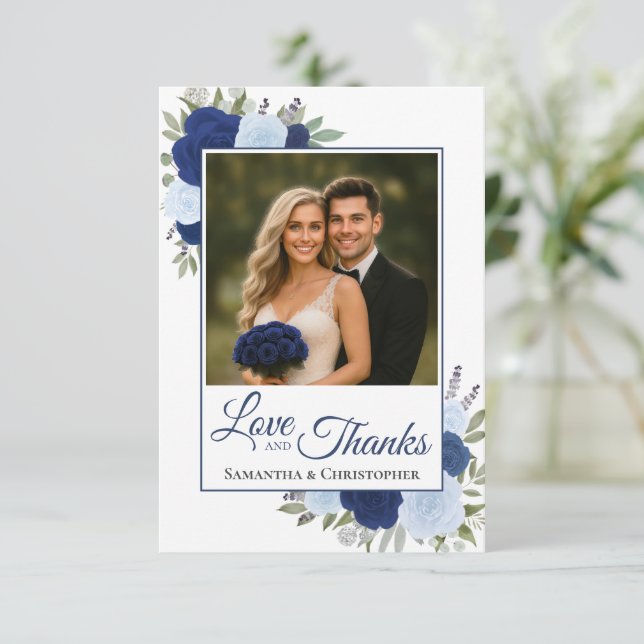 Elegant Blue Roses Love & Thanks Wedding Photo Thank You Card (Standing Front)