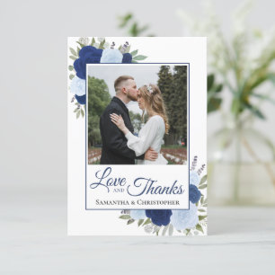 Elegant Blue Roses Love & Thanks Wedding Photo Thank You Card
