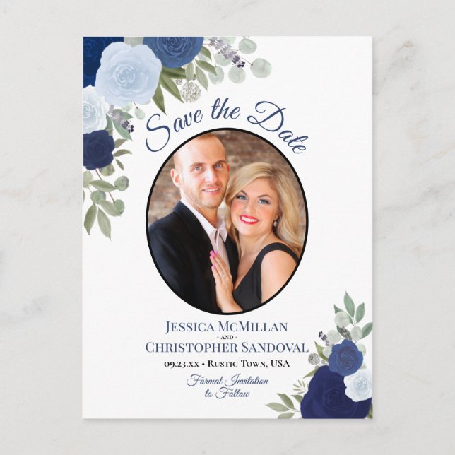 Elegant Blue Roses & Photo Wedding Save the Date Announcement Postcard (Front)