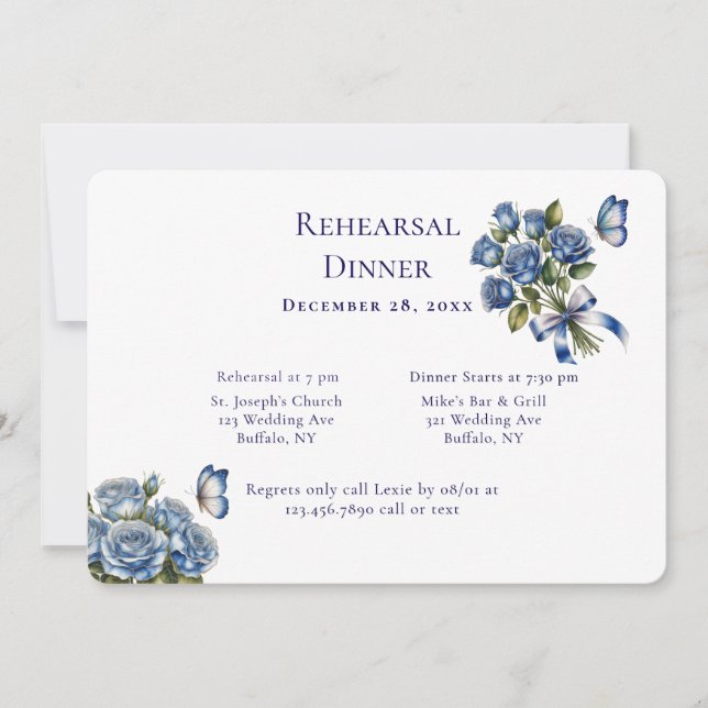 Elegant Blue Roses Silver Rehearsal Dinner Invitation (Front)