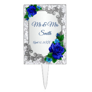 Elegant Blue Roses Wedding Cake Topper