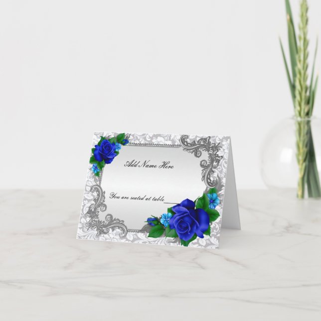 Elegant Blue Roses Wedding Folded Table Place Card (Front)