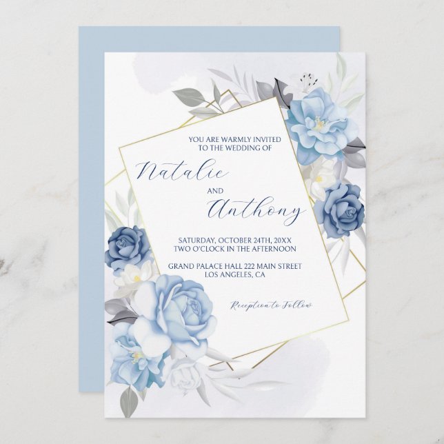 Elegant Blue Roses Wedding Invitation (Front/Back)