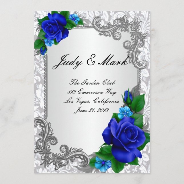 Elegant Blue Roses Wedding Menu Card (Front)