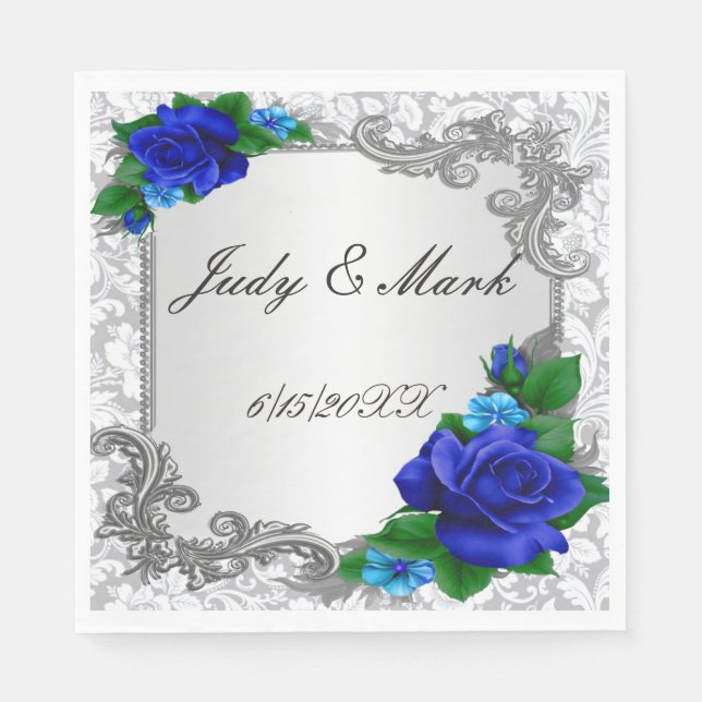 Elegant Blue Roses Wedding Paper Napkins (Front)