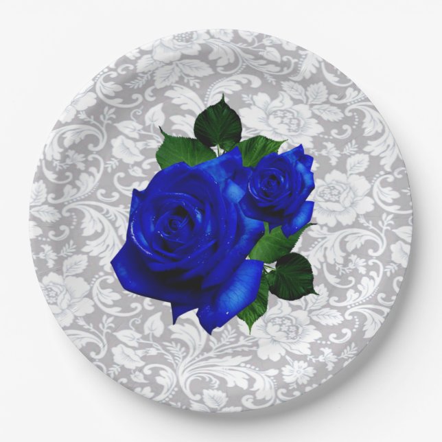 Elegant Blue Roses Wedding Paper Plate (Front)