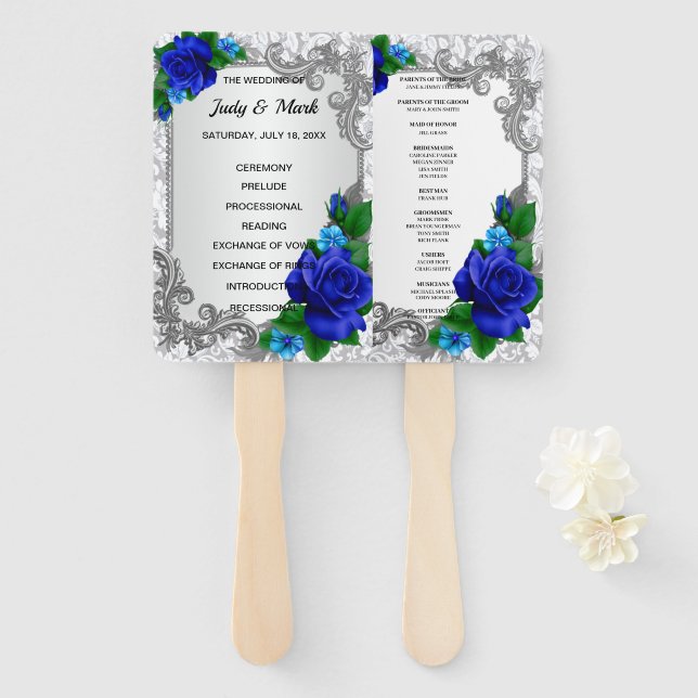 Elegant Blue Roses Wedding Program Hand Fan (Front and Back)