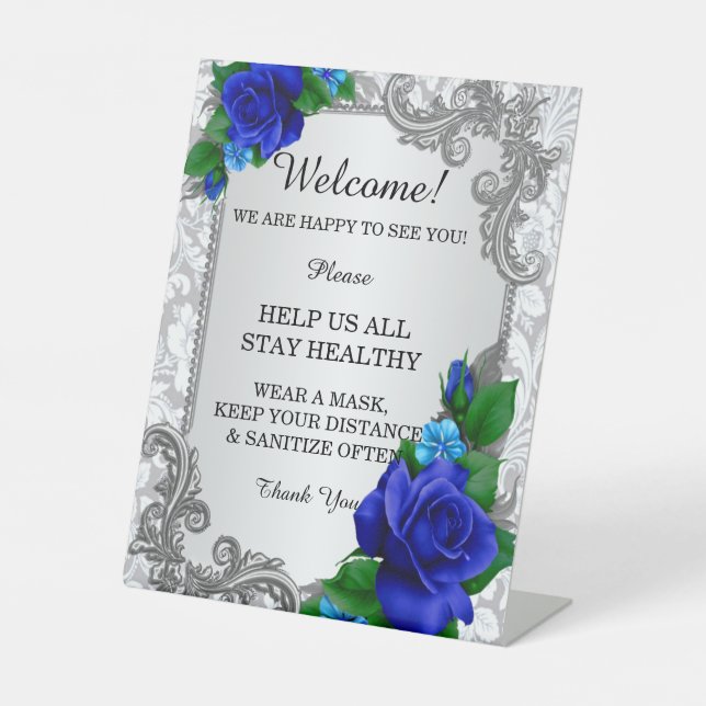 Elegant Blue Roses Wedding Safety  Pedestal Sign (Front)