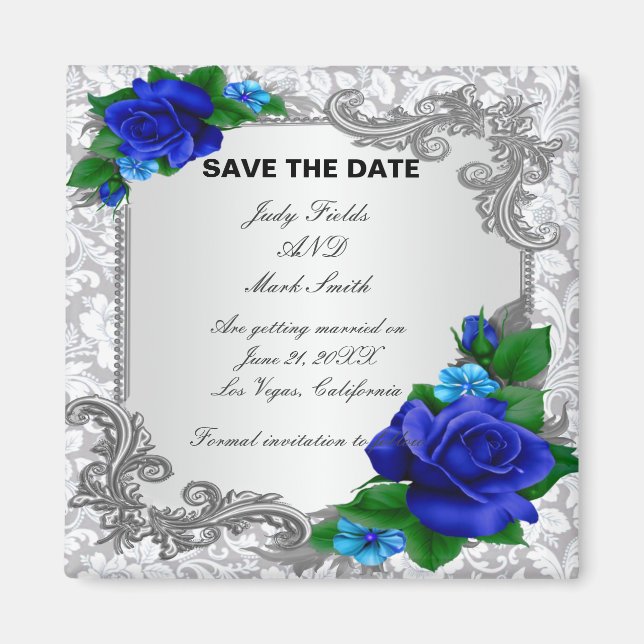 Elegant Blue Roses Wedding  Save The Date Magnet (Front)