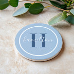 Elegant Blue Round Custom Monogram Initial Coaster<br><div class="desc">Elegant round personalised beverage drink coaster design features a classic custom serif monogram initial in a cobalt blue colour with your last name in modern white calligraphy script against a dusty powder blue coloured background. A simple white circle frames the design. Colour scheme can be customised to coordinate perfectly with...</div>