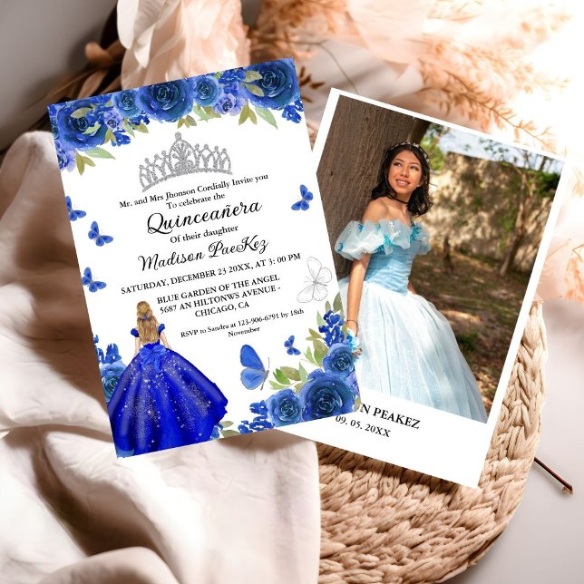 Elegant Blue Royal Floral Butterfly  Quinceanera  Invitation (Creator Uploaded)
