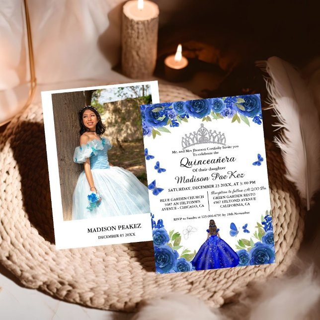 Elegant Blue Royal Floral Butterfly  Quinceanera Invitation (Creator Uploaded)