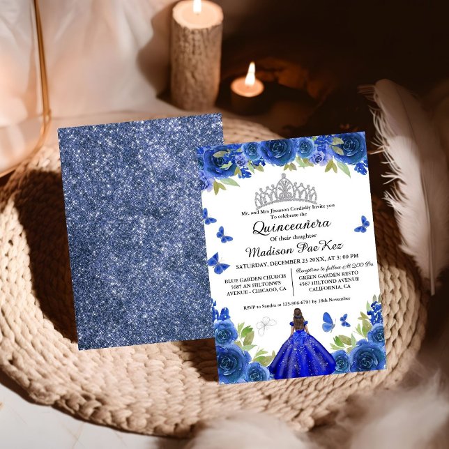 Elegant Blue Royal Floral Butterfly  Quinceanera Invitation (Creator Uploaded)