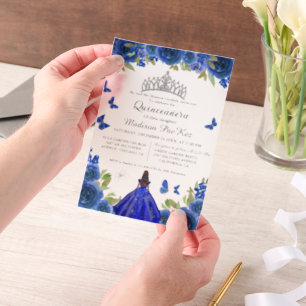 Elegant Blue Royal Floral Butterfly  Quinceanera Vellum Invitations