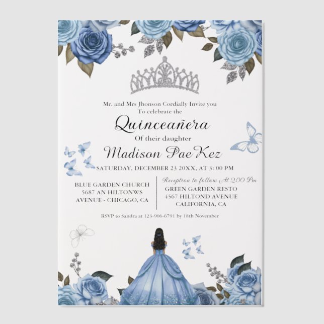 Elegant Blue Royal Floral Butterfly  Quinceanera Vellum Invitations (Front)