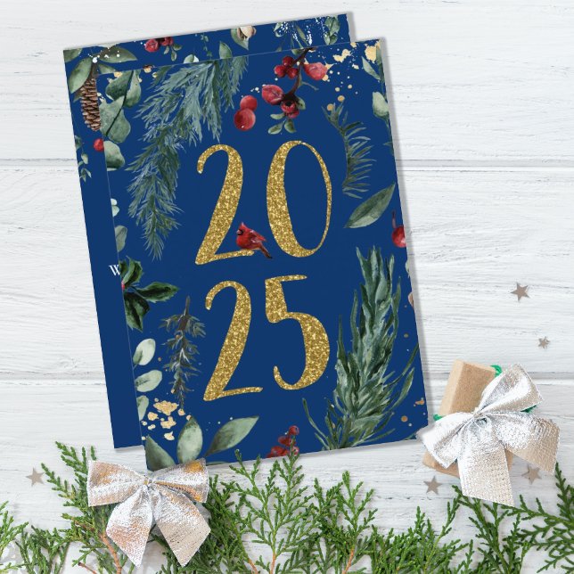 Elegant Blue Rustic 2025 New Years Holiday Card (ELEGANT BLUE RUSTIC WINTER BOTANICAL NEW YEARS GREETING CARD)