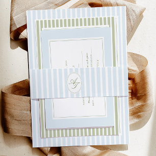 Elegant Blue & Sage Striped Invitation Belly Band