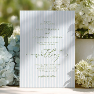 Elegant Blue & Sage Striped Wedding Invitation