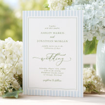 Elegant Blue & Sage Striped Wedding Invitation