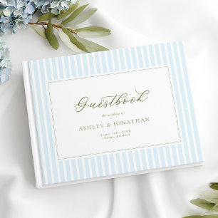 Elegant Blue & Sage Striped Wedding Invitation Guest Book