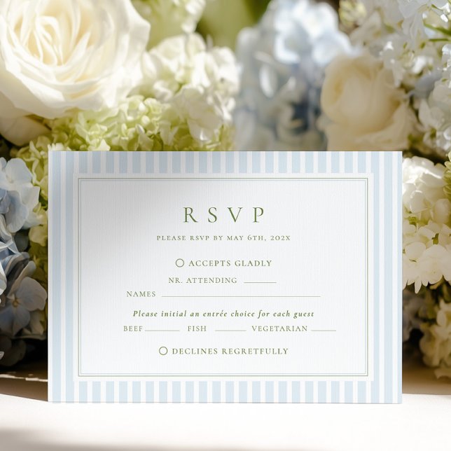 Elegant Blue & Sage Striped Wedding RSVP Card (Creator Uploaded)