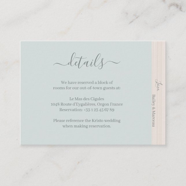 Elegant Blue Sage Wood Grain Wedding Hotel Detail Enclosure Card (Front)