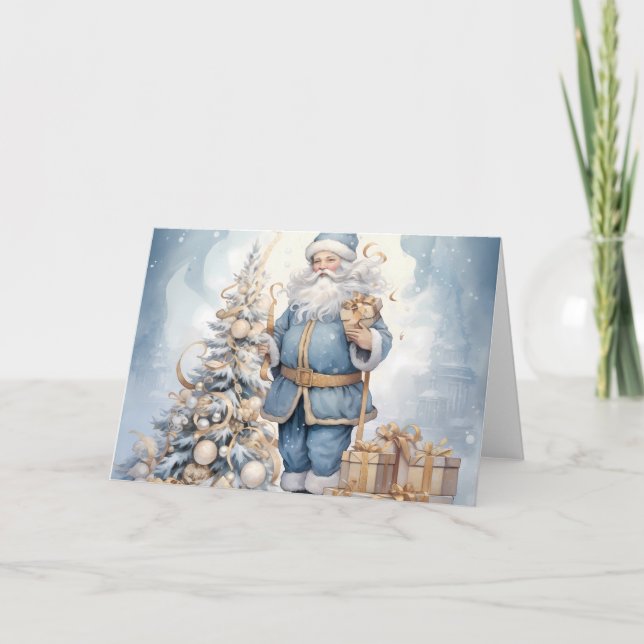 Elegant Blue Santa with Christmas Tree Design Card (Front)