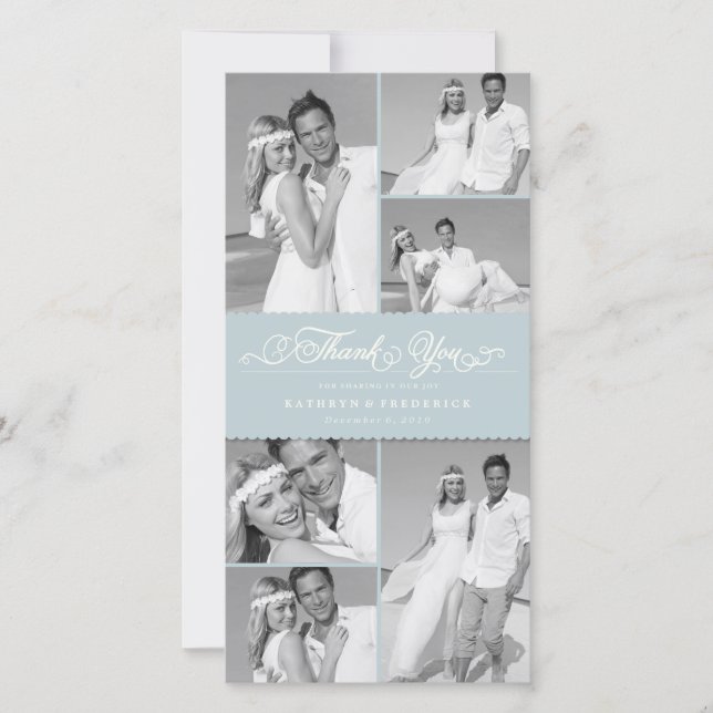 Elegant Blue Scalloped Band 6 Photo Chic Wedding Thank You Card (Front)