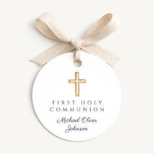 Elegant Blue Script Boy First Communion Round Favour Tags
