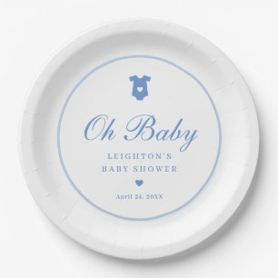 Elegant Blue Script Boys Oh Baby Shower Paper Plate