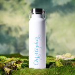 Elegant Blue Script Custom Name Monogrammed White Water Bottle<br><div class="desc">Create your own custom, personalised, cool, chic, stylish, elegant blue typography script, classy white, spill-proof, stainless steel, condensation-resistant exterior, monogrammed matte black durable double-wall Thor Copper Vacuum Insulated Bottle that keeps beverages hot for 12 hours or cold for 48 hours. Simply type in your name / kids name / family...</div>
