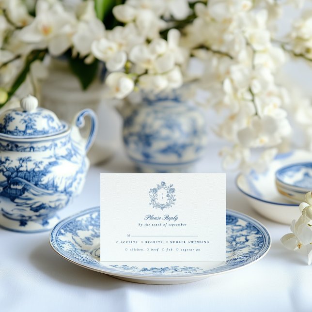 Elegant Blue Script Floral Crest Wedding RSVP Card (Creator Uploaded)