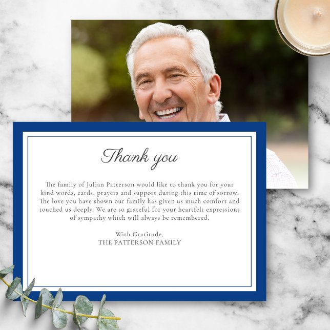 Elegant Blue Script Funeral Photo Thank You Card (Creator Uploaded)