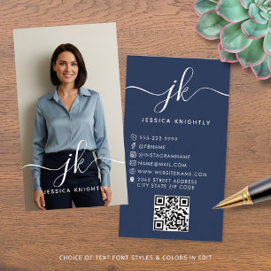 Elegant Blue Script Monogram Logo Photo QR Code Business Card